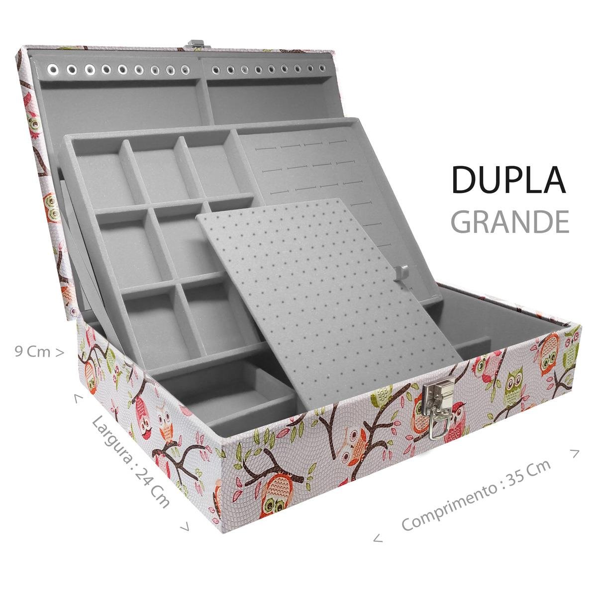 Estojo Maleta Porta Jóias Duplo Grande Coruja Fundo Rosa Sem Alça e Com Espelho