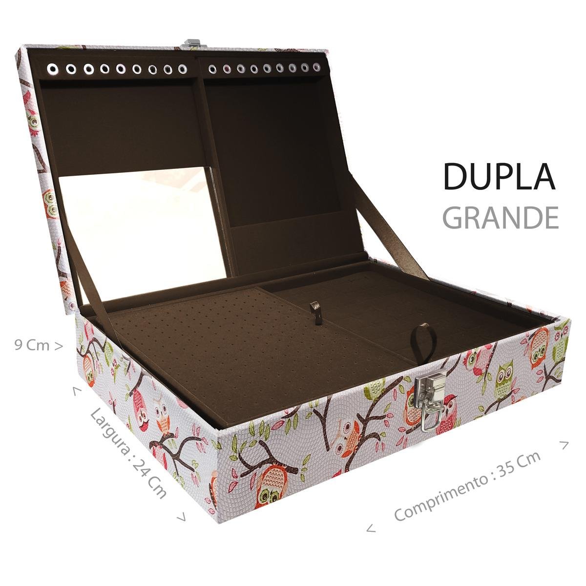 Estojo Maleta Porta Jóias Duplo Grande Coruja Fundo Rosa Sem Alça e Com Espelho