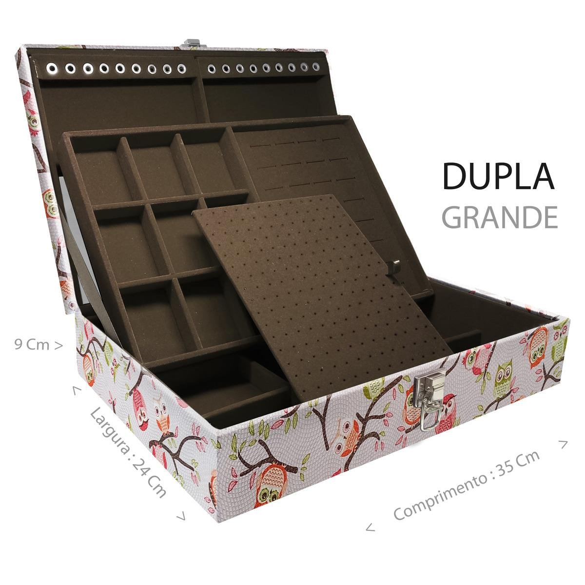 Estojo Maleta Porta Jóias Duplo Grande Coruja Fundo Rosa Sem Alça e Com Espelho