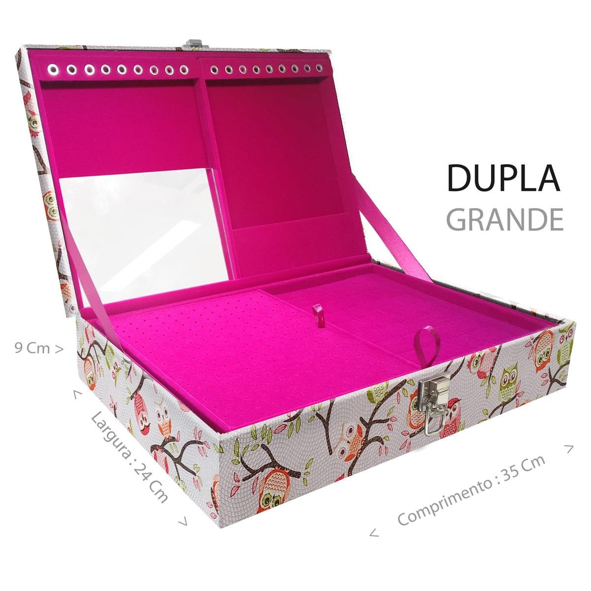 Estojo Maleta Porta Jóias Duplo Grande Coruja Fundo Rosa Sem Alça e Com Espelho