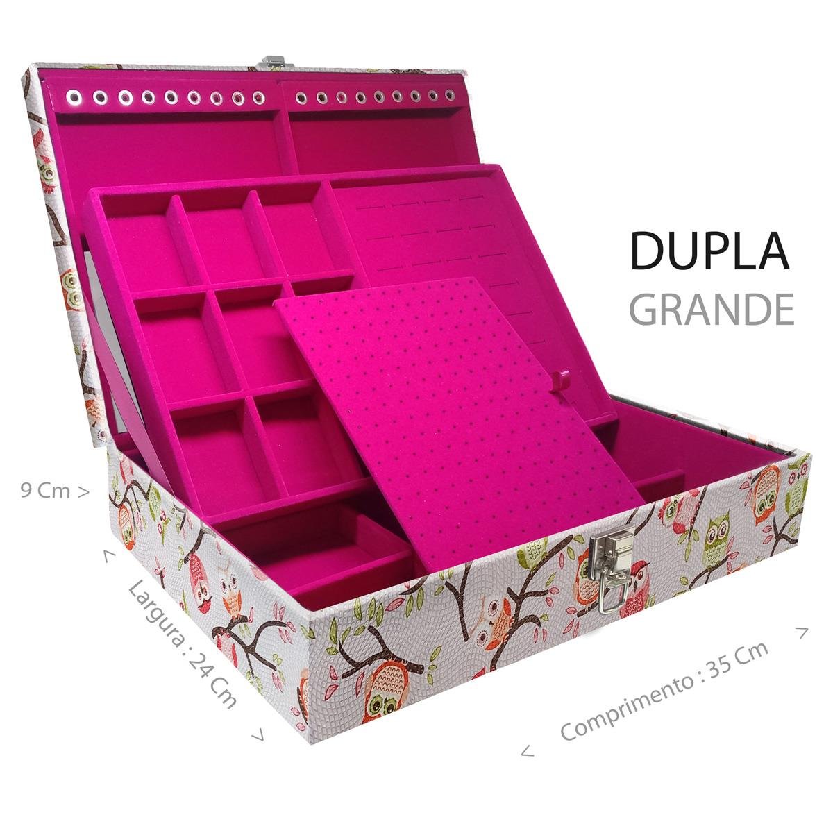 Estojo Maleta Porta Jóias Duplo Grande Coruja Fundo Rosa Sem Alça e Com Espelho