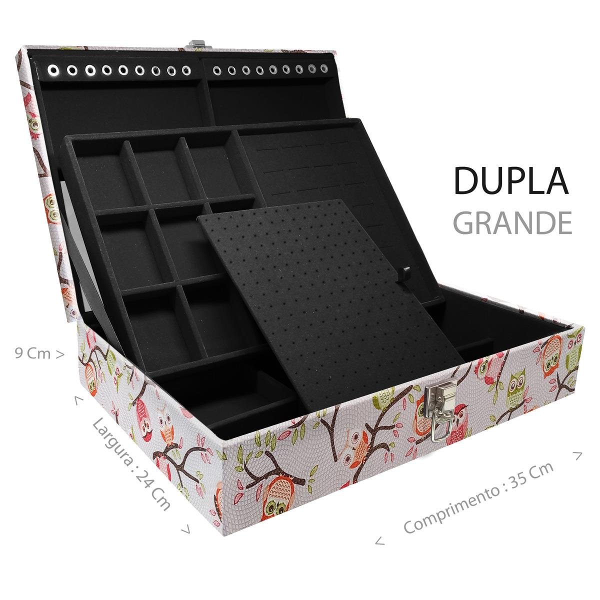 Estojo Maleta Porta Jóias Duplo Grande Coruja Fundo Rosa Sem Alça e Com Espelho