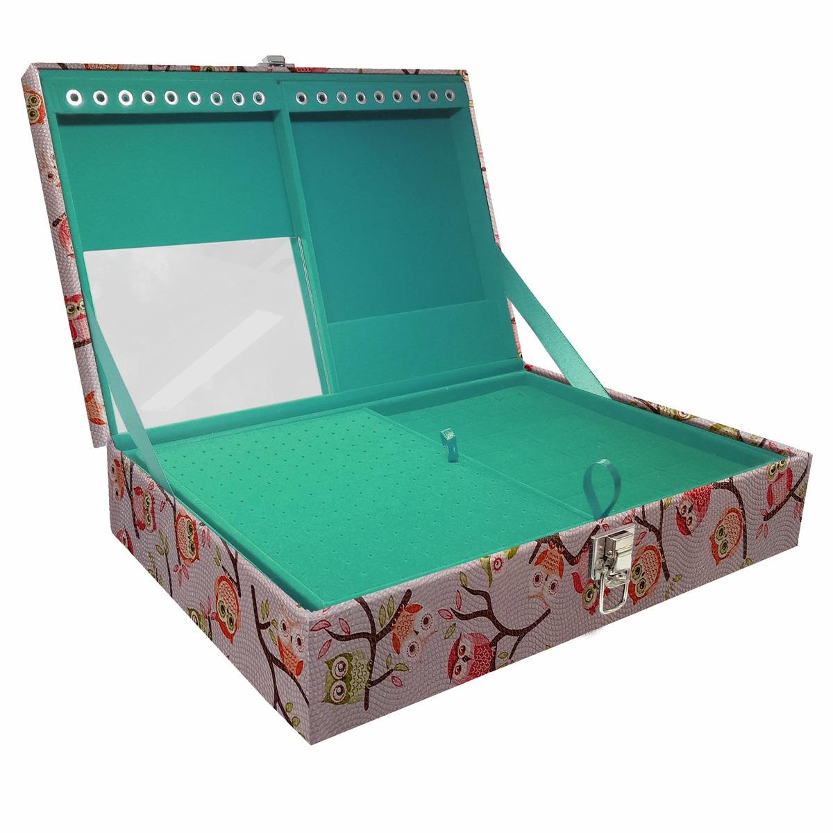 Estojo Maleta Porta Jóias Duplo Grande Coruja Fundo Rosa Sem Alça e Com Espelho