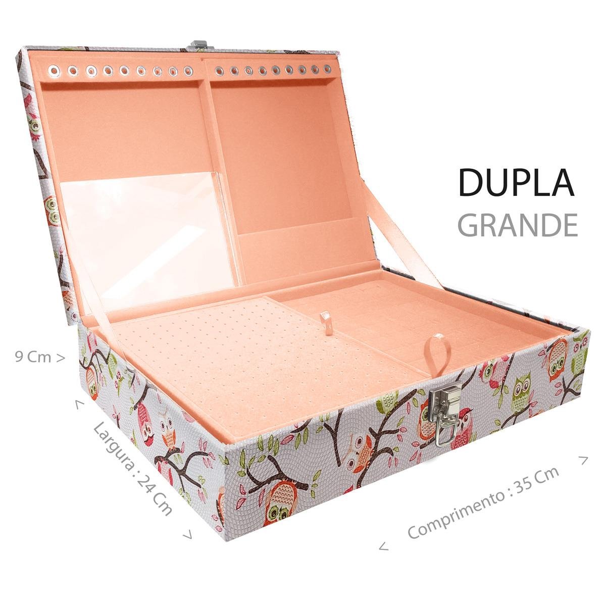 Estojo Maleta Porta Jóias Duplo Grande Coruja Fundo Rosa Sem Alça e Com Espelho