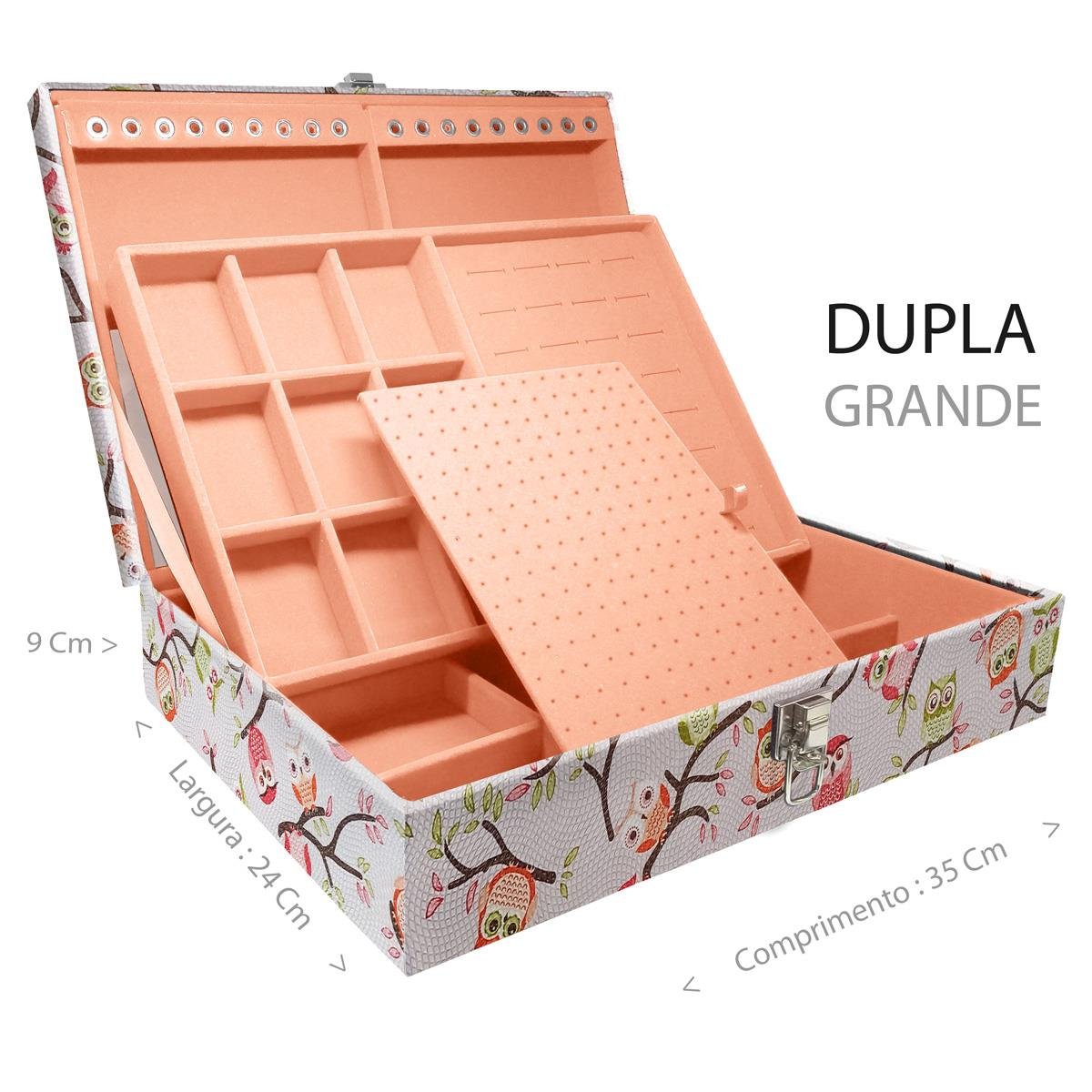 Estojo Maleta Porta Jóias Duplo Grande Coruja Fundo Rosa Sem Alça e Com Espelho