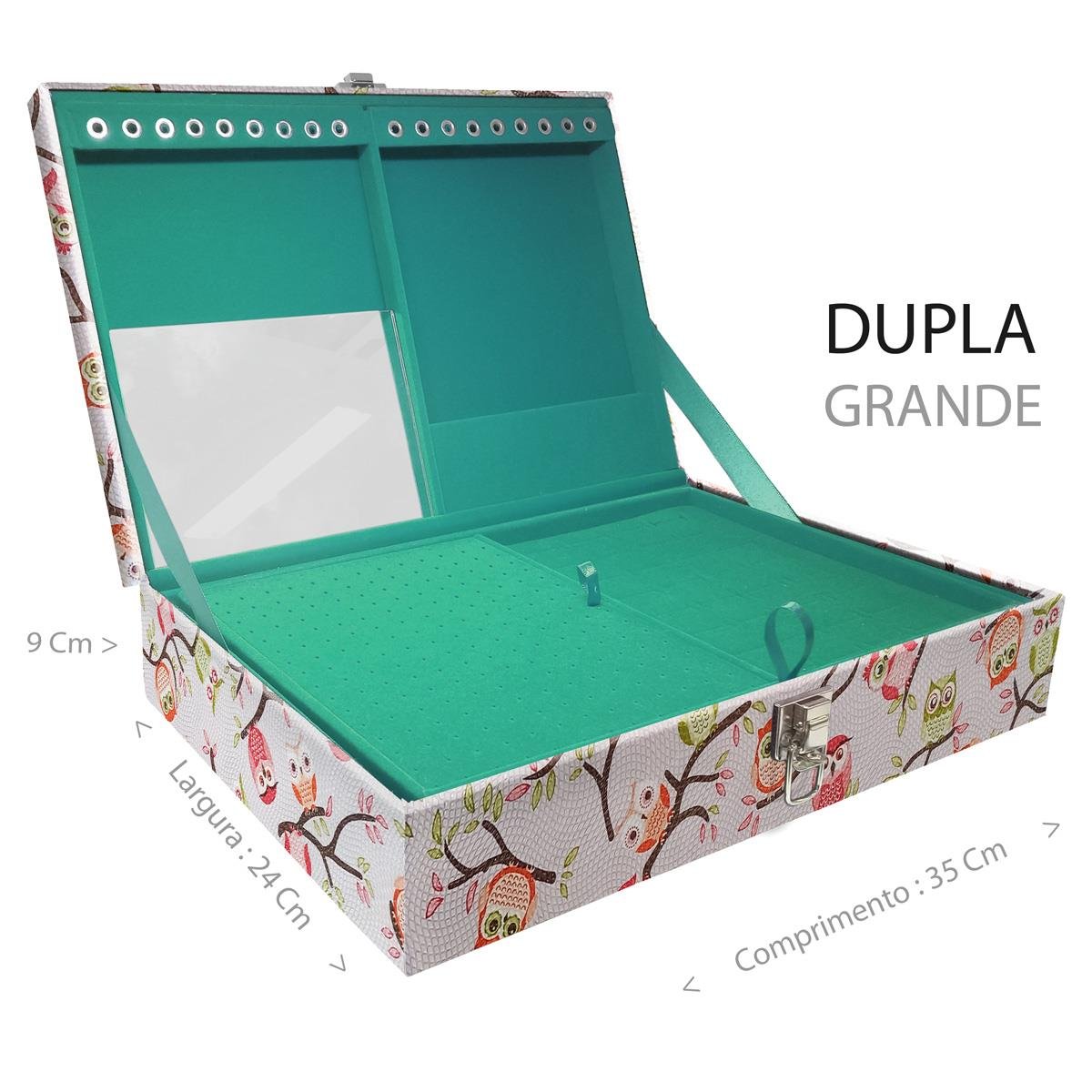 Estojo Maleta Porta Jóias Duplo Grande Coruja Fundo Rosa Sem Alça e Com Espelho