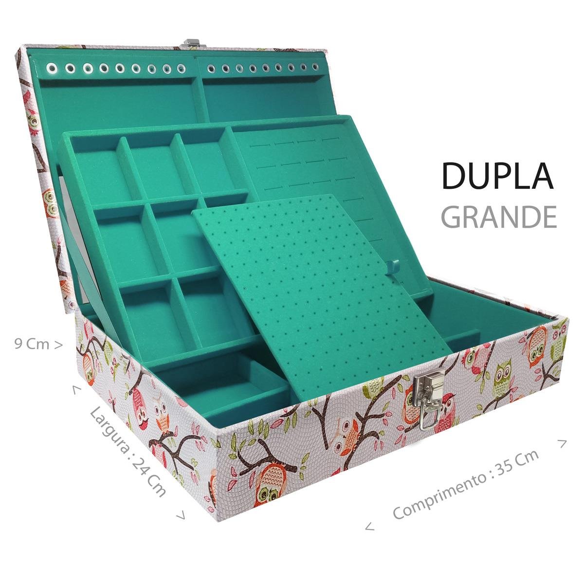 Estojo Maleta Porta Jóias Duplo Grande Coruja Fundo Rosa Sem Alça e Com Espelho