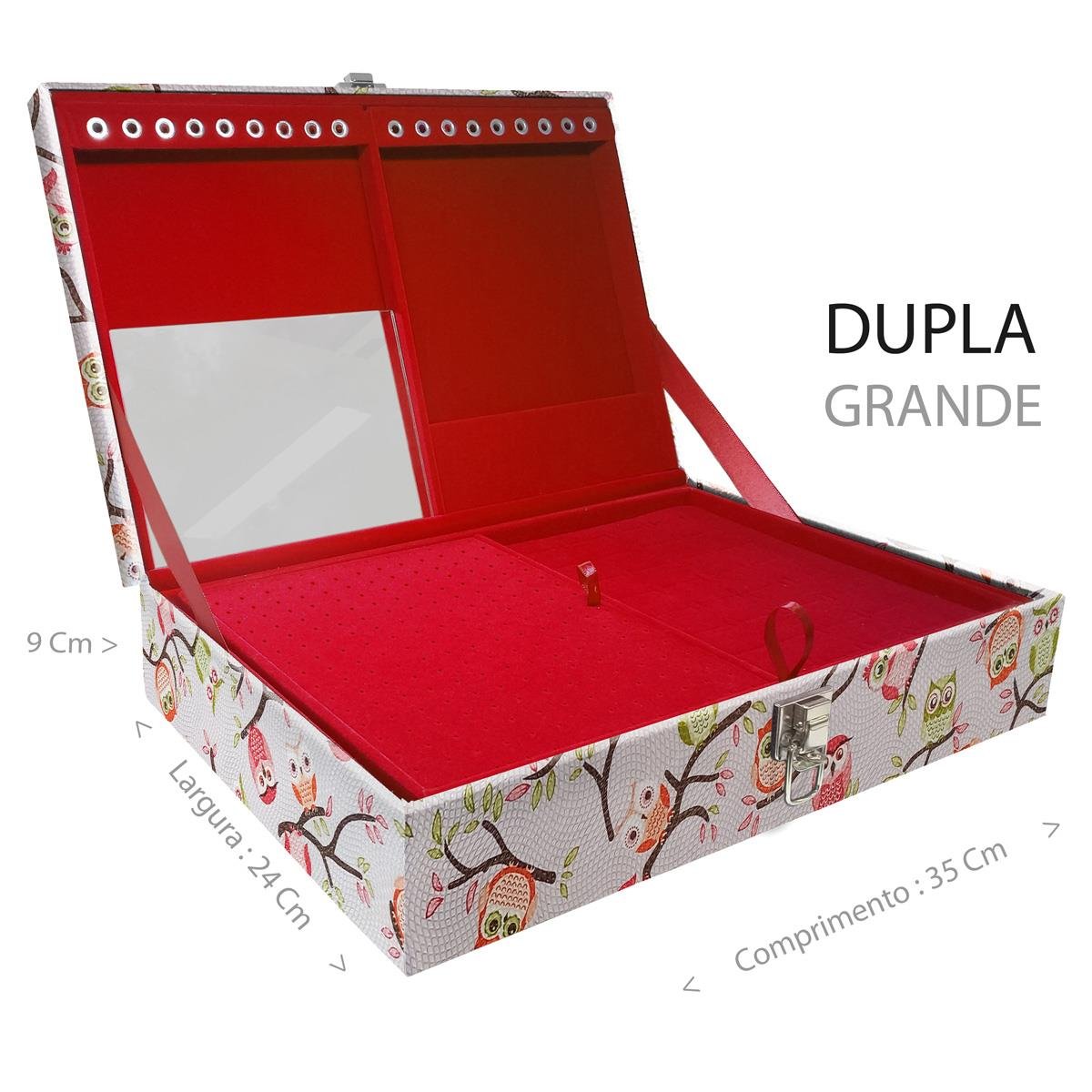 Estojo Maleta Porta Jóias Duplo Grande Coruja Fundo Rosa Sem Alça e Com Espelho