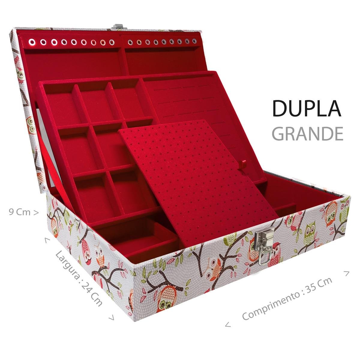 Estojo Maleta Porta Jóias Duplo Grande Coruja Fundo Rosa Sem Alça e Com Espelho