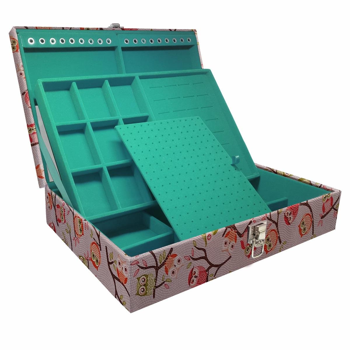 Estojo Maleta Porta Jóias Duplo Grande Coruja Fundo Rosa Sem Alça e Com Espelho