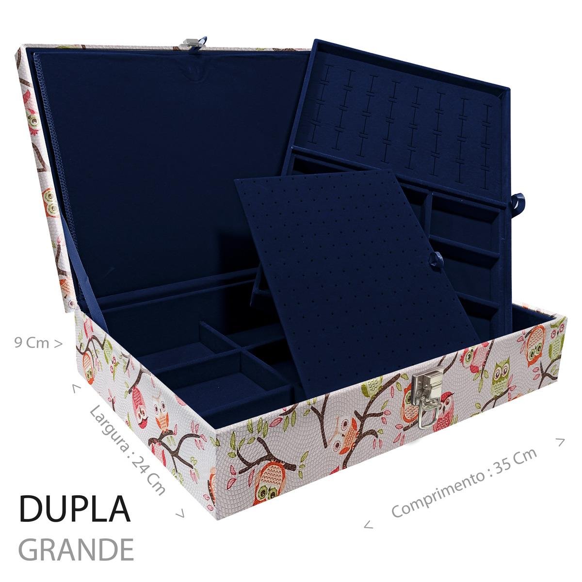 Estojo Maleta Porta Jóias Duplo Grande Coruja Fundo Rosa Sem Alça e Com Imã