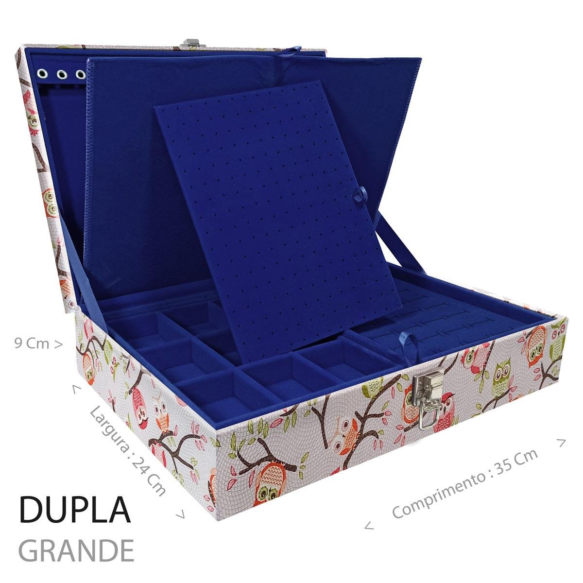 Estojo Maleta Porta Jóias Duplo Grande Coruja Fundo Rosa Sem Alça e Com Imã