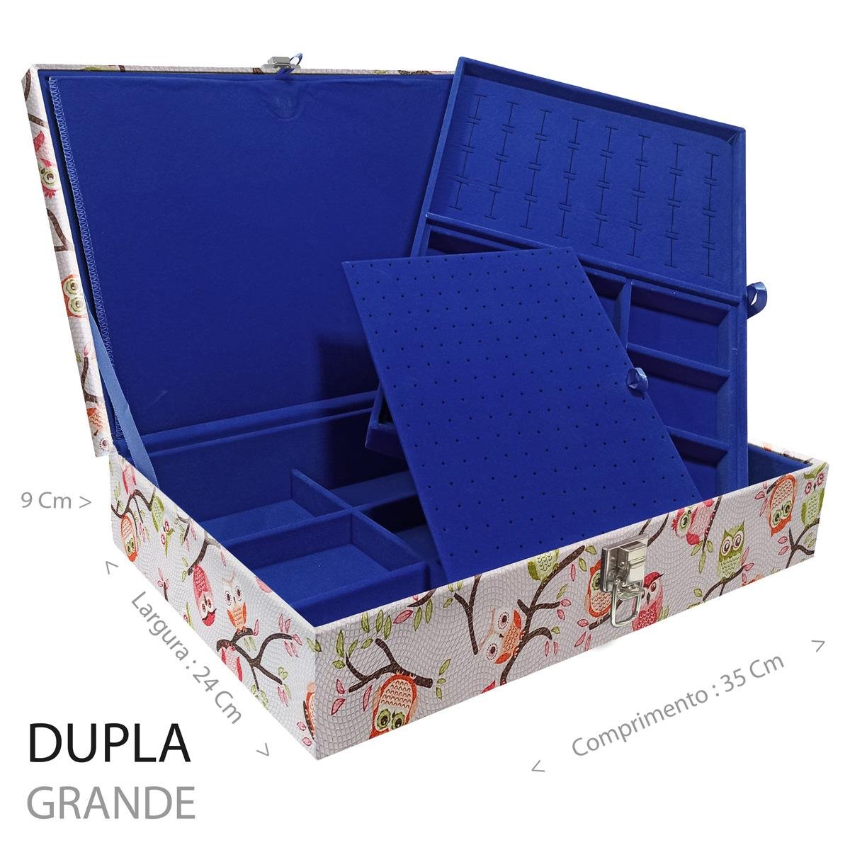 Estojo Maleta Porta Jóias Duplo Grande Coruja Fundo Rosa Sem Alça e Com Imã