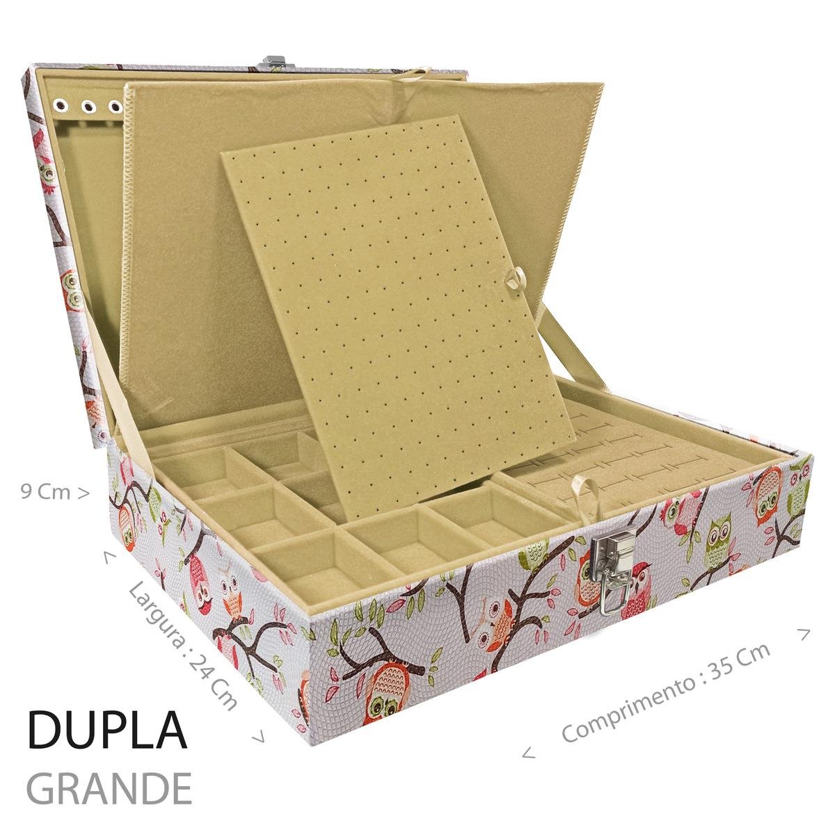 Estojo Maleta Porta Jóias Duplo Grande Coruja Fundo Rosa Sem Alça e Com Imã