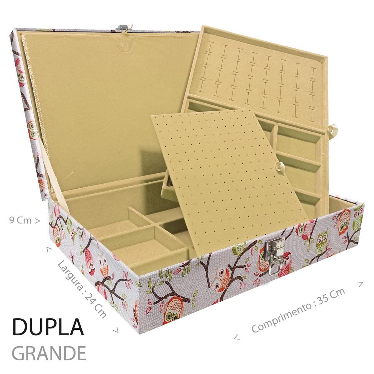 Estojo Maleta Porta Jóias Duplo Grande Coruja Fundo Rosa Sem Alça e Com Imã