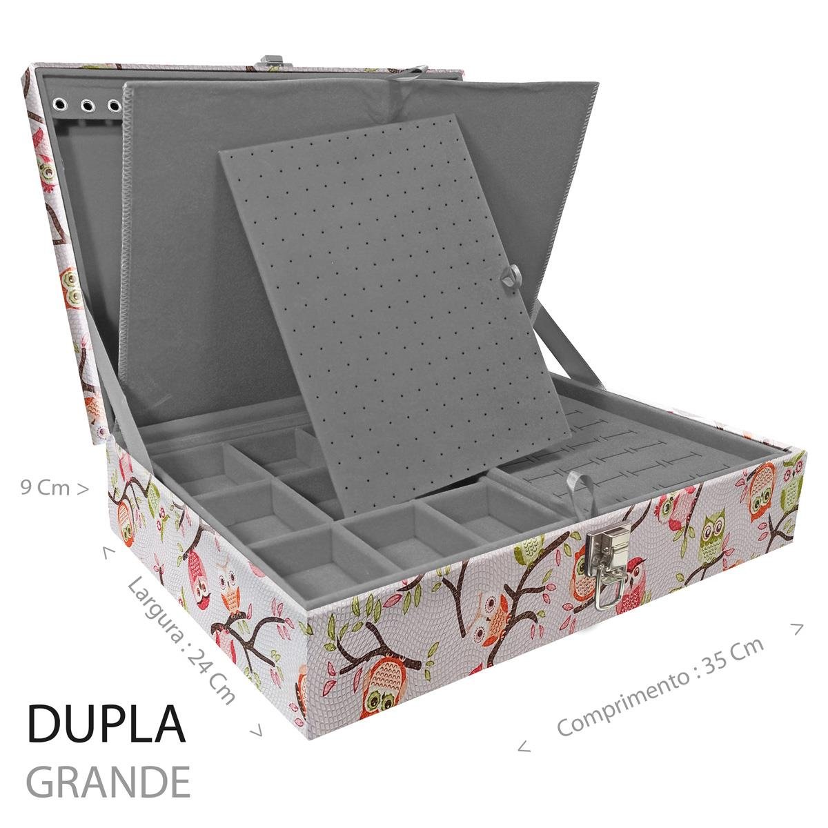 Estojo Maleta Porta Jóias Duplo Grande Coruja Fundo Rosa Sem Alça e Com Imã