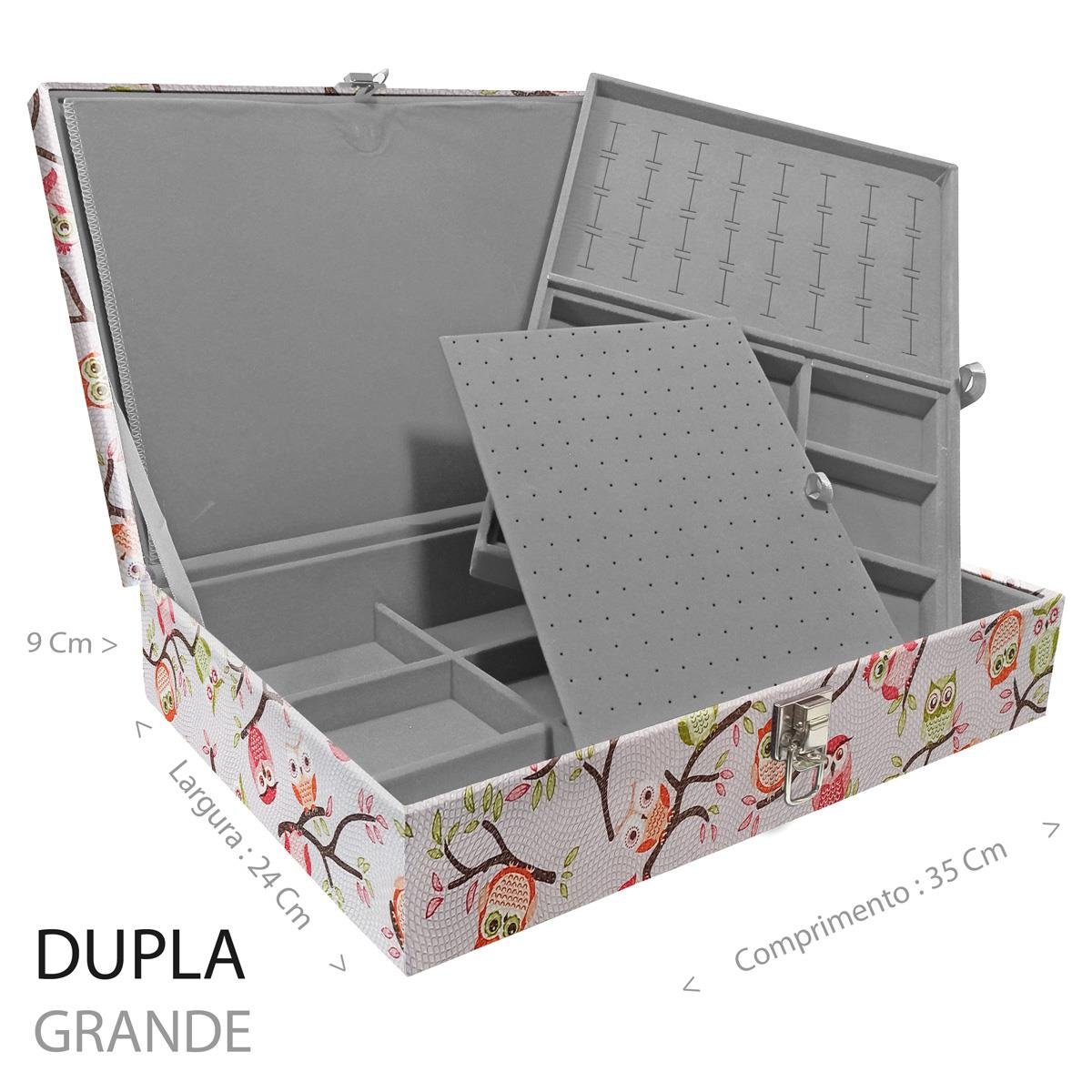 Estojo Maleta Porta Jóias Duplo Grande Coruja Fundo Rosa Sem Alça e Com Imã