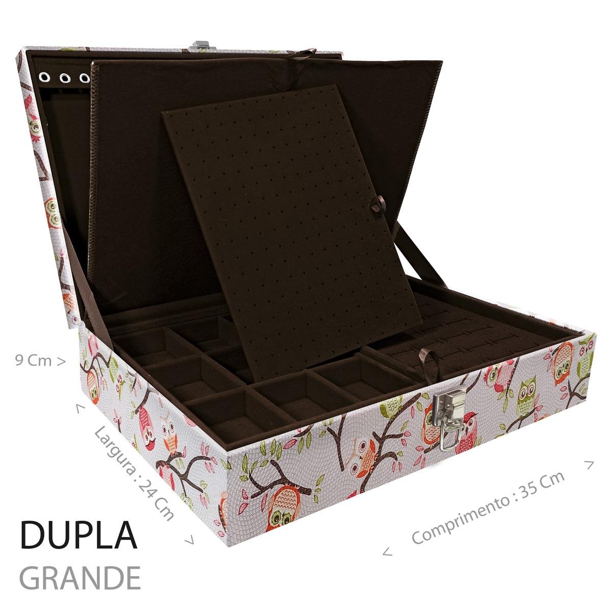 Estojo Maleta Porta Jóias Duplo Grande Coruja Fundo Rosa Sem Alça e Com Imã