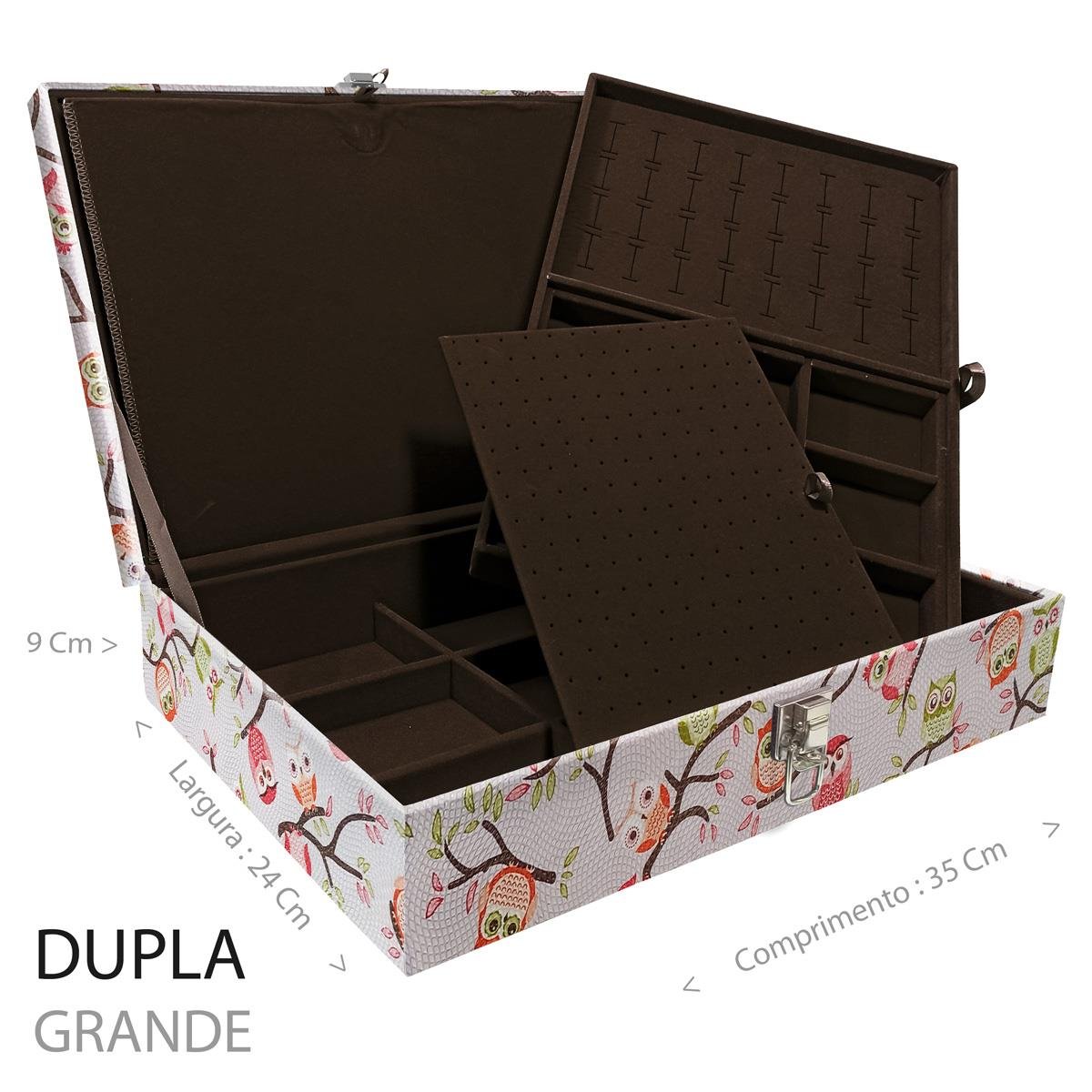 Estojo Maleta Porta Jóias Duplo Grande Coruja Fundo Rosa Sem Alça e Com Imã