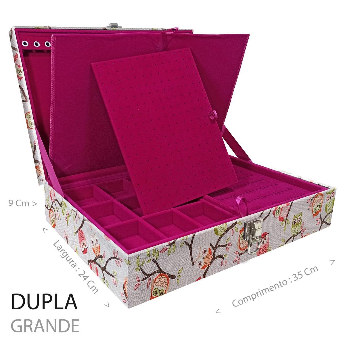 Estojo Maleta Porta Jóias Duplo Grande Coruja Fundo Rosa Sem Alça e Com Imã