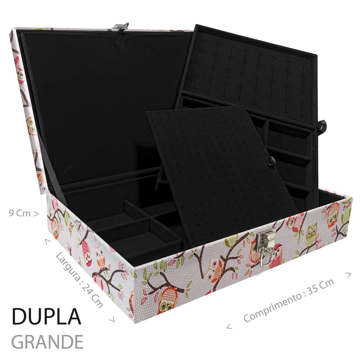 Estojo Maleta Porta Jóias Duplo Grande Coruja Fundo Rosa Sem Alça e Com Imã