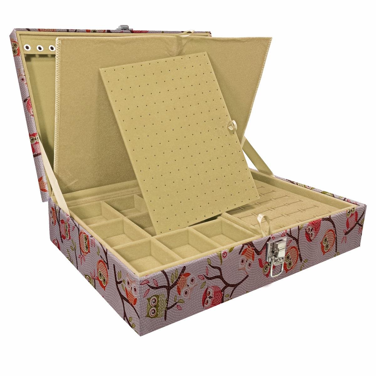 Estojo Maleta Porta Jóias Duplo Grande Coruja Fundo Rosa Sem Alça e Com Imã