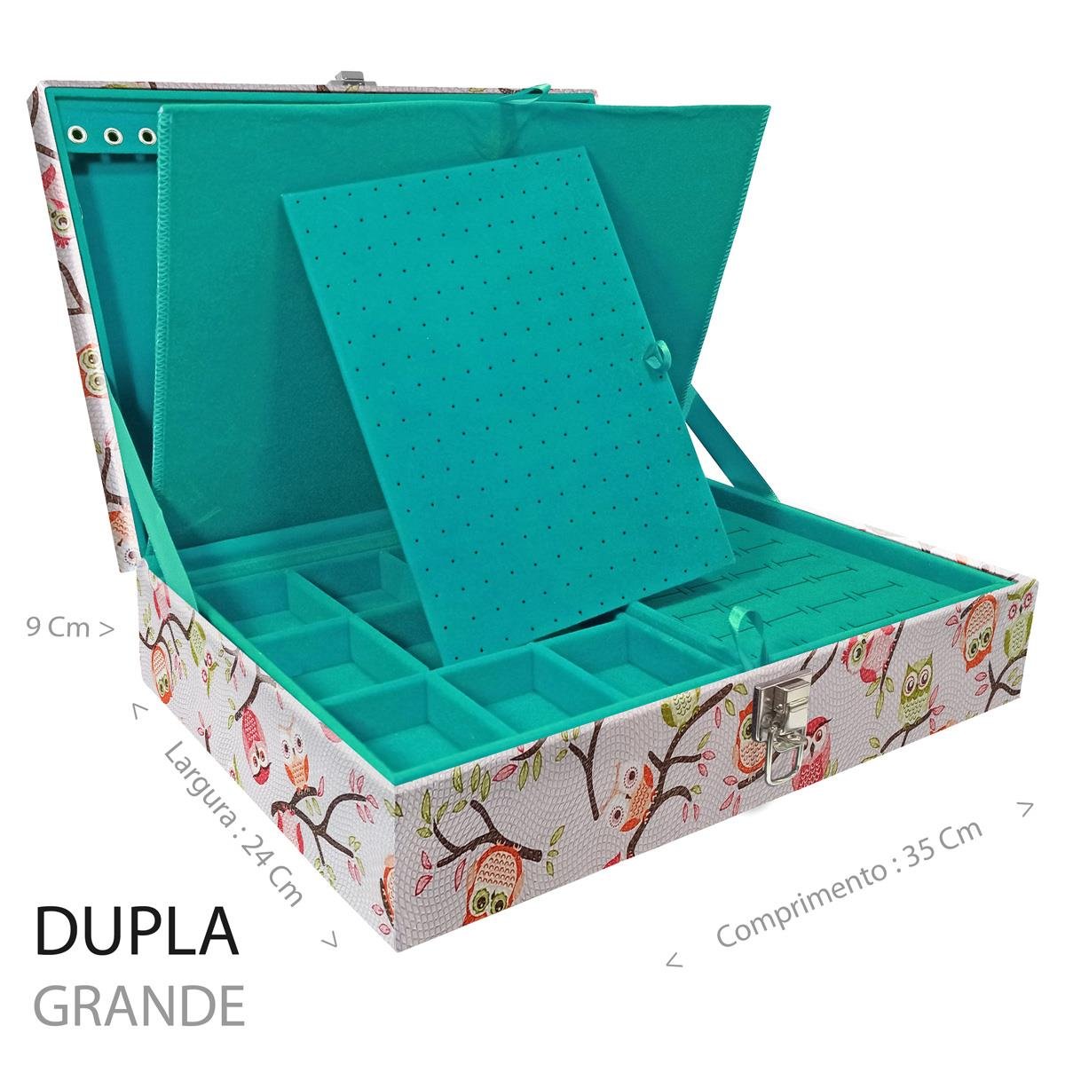 Estojo Maleta Porta Jóias Duplo Grande Coruja Fundo Rosa Sem Alça e Com Imã