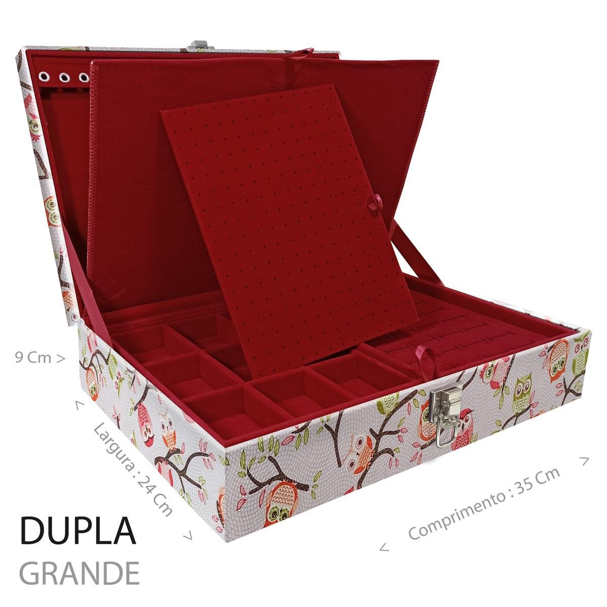 Estojo Maleta Porta Jóias Duplo Grande Coruja Fundo Rosa Sem Alça e Com Imã