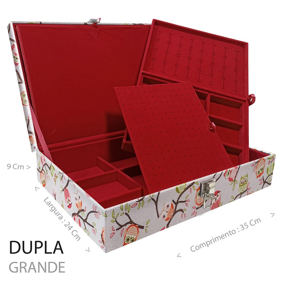 Estojo Maleta Porta Jóias Duplo Grande Coruja Fundo Rosa Sem Alça e Com Imã