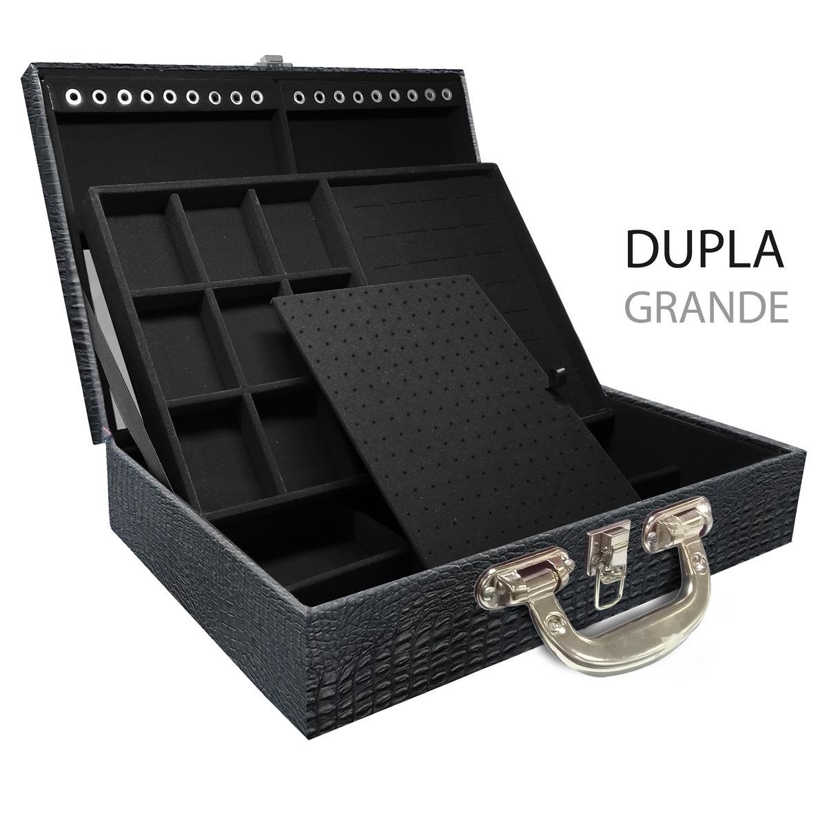 Estojo Maleta Porta Jóias Duplo Grande Crocodilo Preto Com Alça Cromada e Espelho