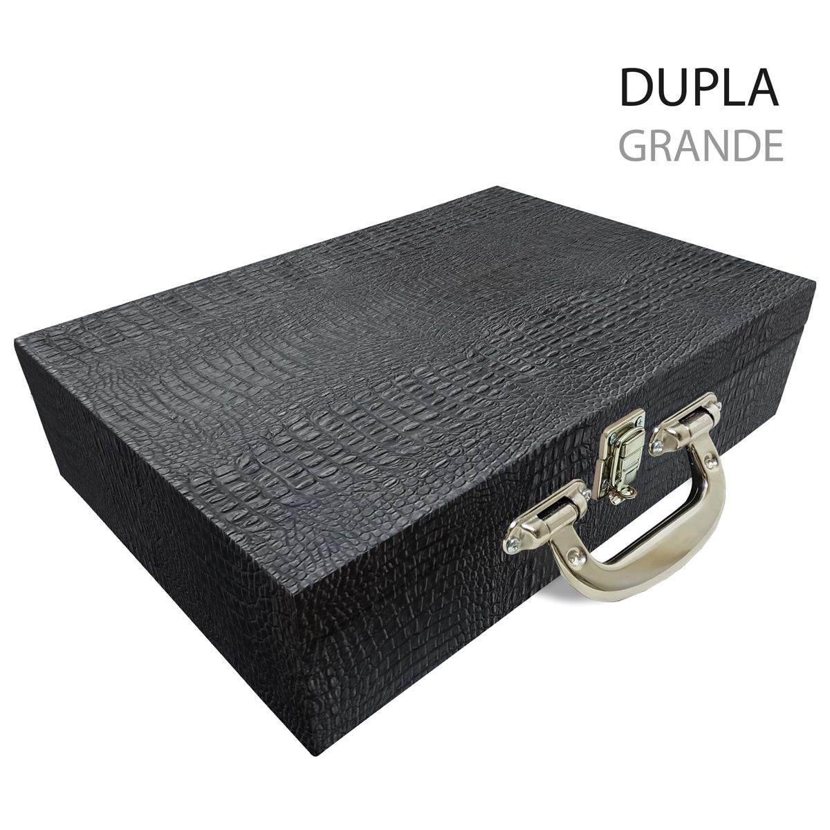 Estojo Maleta Porta Jóias Duplo Grande Crocodilo Preto Com Alça Cromada e Espelho