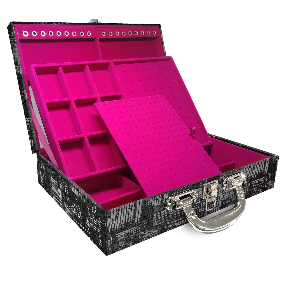 Estojo Maleta Porta Jóias Duplo Grande Dark City Com Alça Cromada e Espelho