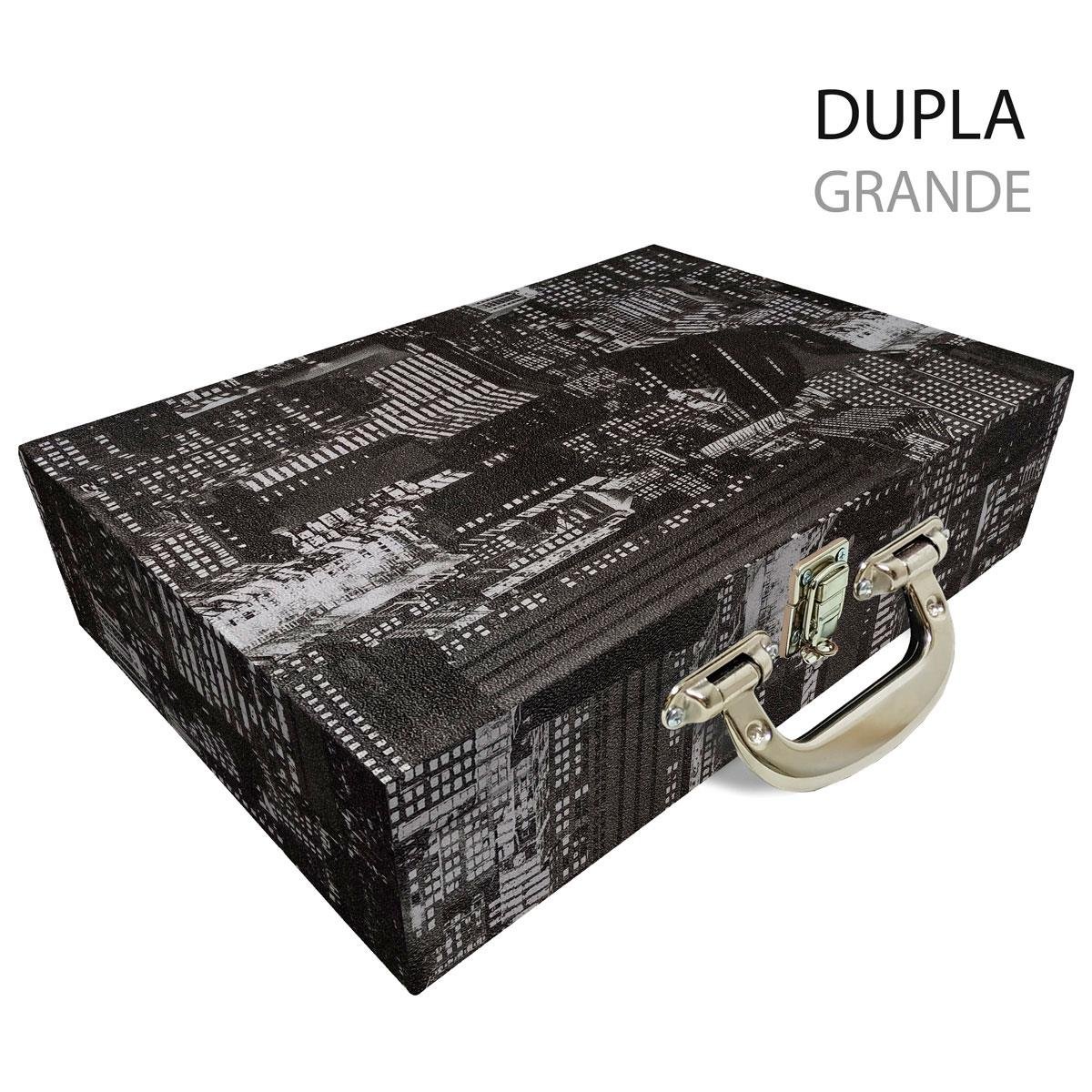 Estojo Maleta Porta Jóias Duplo Grande Dark City Com Alça Cromada e Espelho