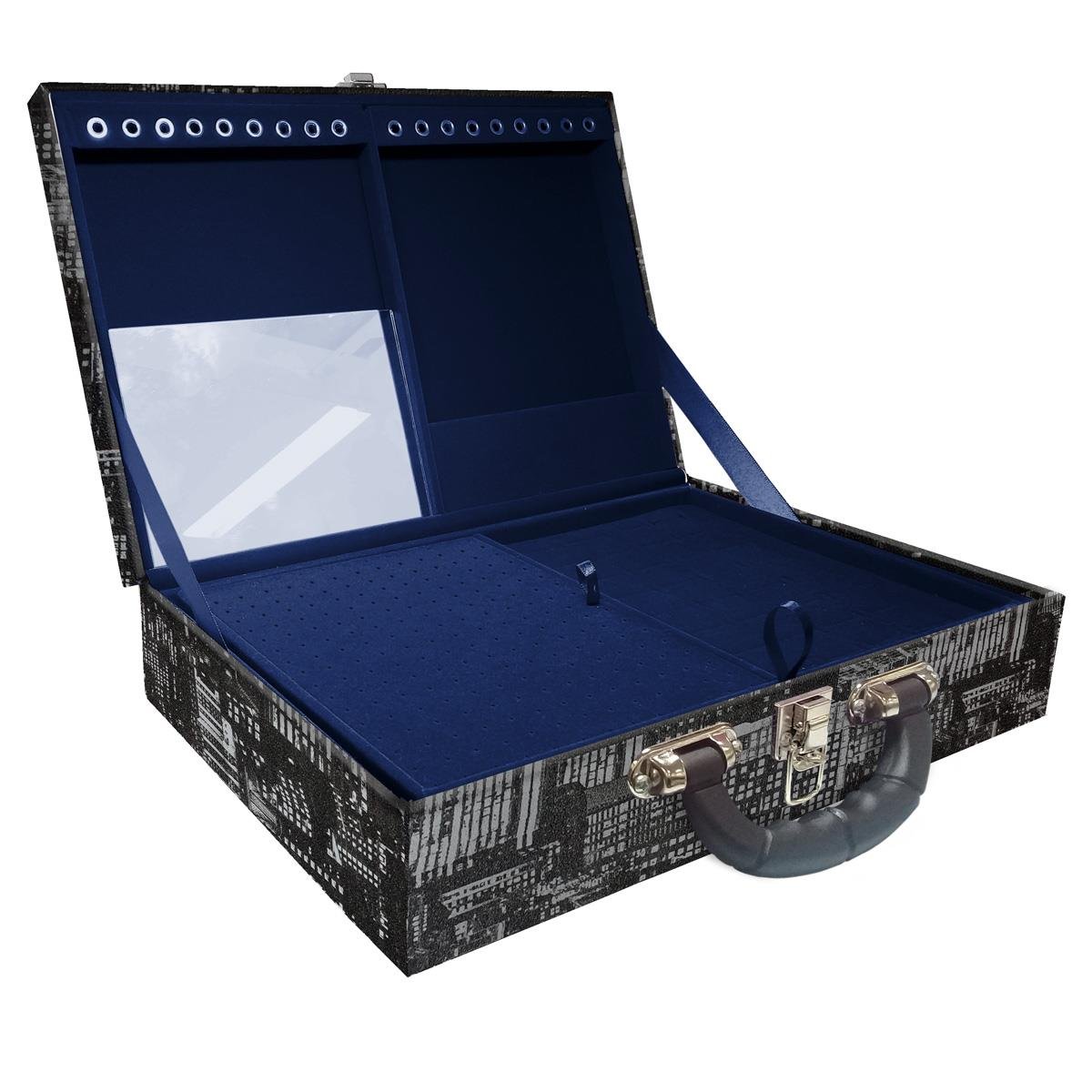 Estojo Maleta Porta Jóias Duplo Grande Dark City Com Alça Preta e Espelho