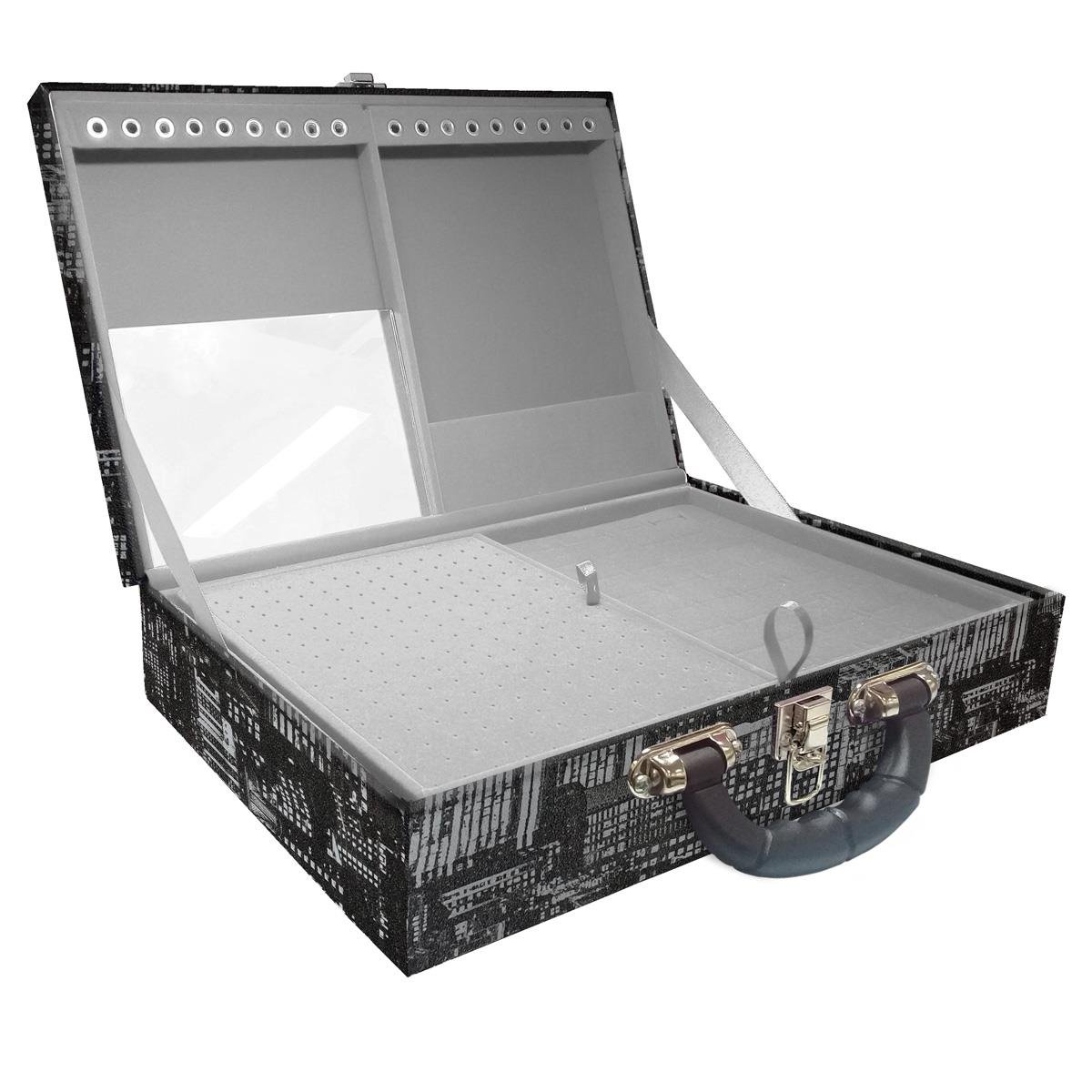 Estojo Maleta Porta Jóias Duplo Grande Dark City Com Alça Preta e Espelho