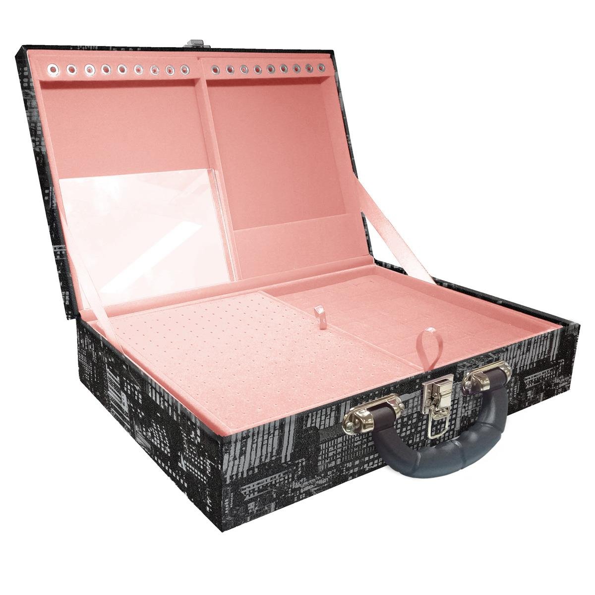 Estojo Maleta Porta Jóias Duplo Grande Dark City Com Alça Preta e Espelho