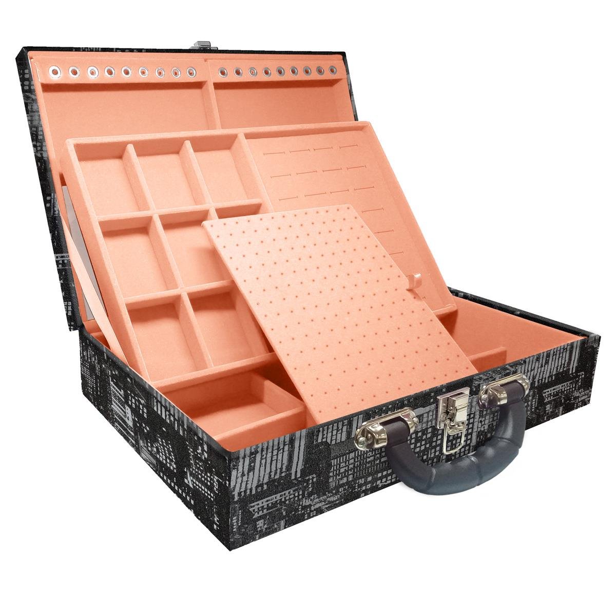 Estojo Maleta Porta Jóias Duplo Grande Dark City Com Alça Preta e Espelho