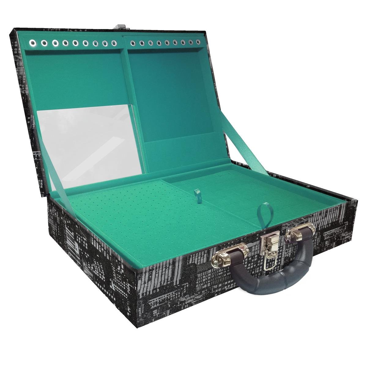 Estojo Maleta Porta Jóias Duplo Grande Dark City Com Alça Preta e Espelho