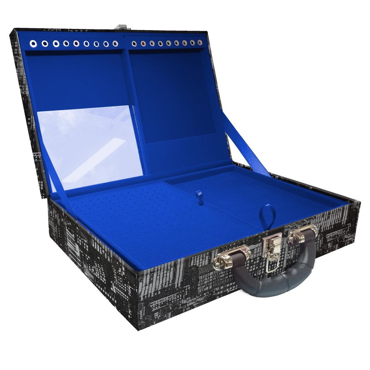 Estojo Maleta Porta Jóias Duplo Grande Dark City Com Alça Preta e Espelho