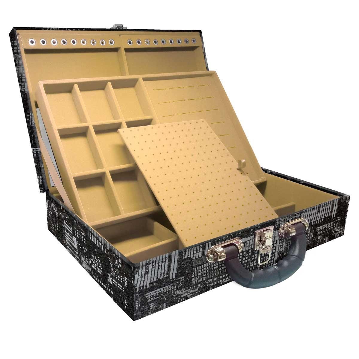 Estojo Maleta Porta Jóias Duplo Grande Dark City Com Alça Preta e Espelho