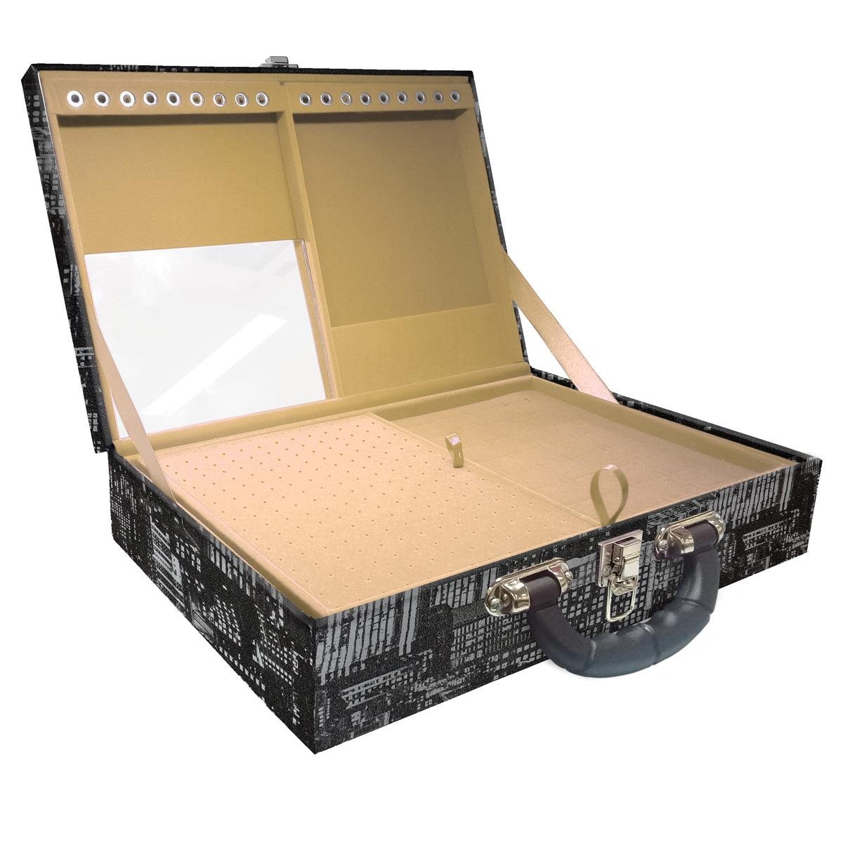 Estojo Maleta Porta Jóias Duplo Grande Dark City Com Alça Preta e Espelho