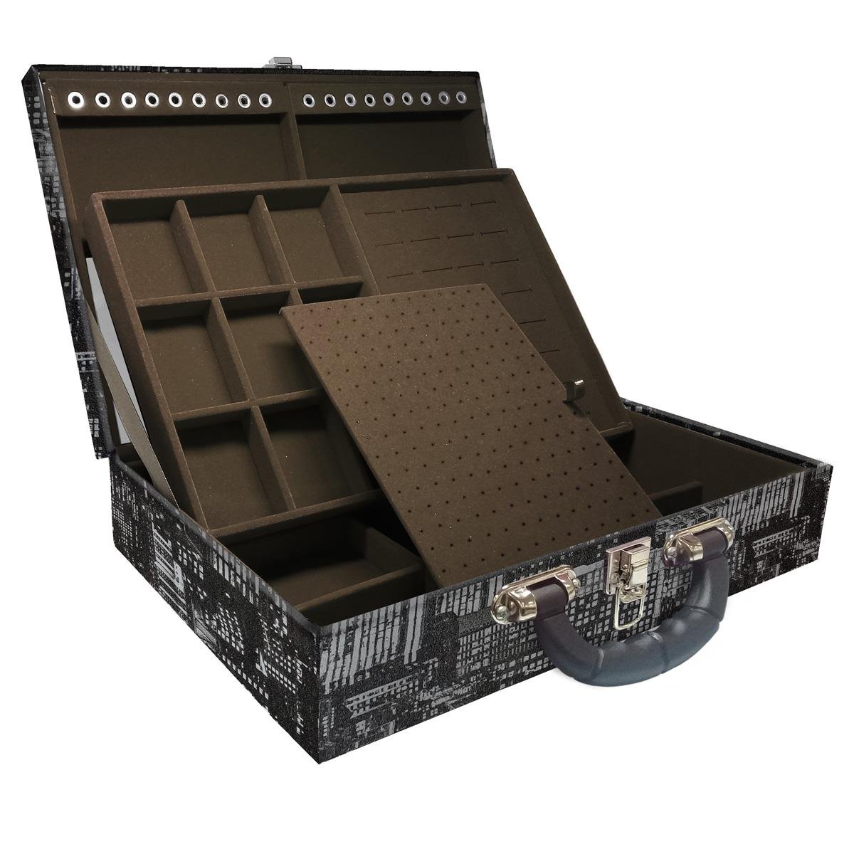 Estojo Maleta Porta Jóias Duplo Grande Dark City Com Alça Preta e Espelho