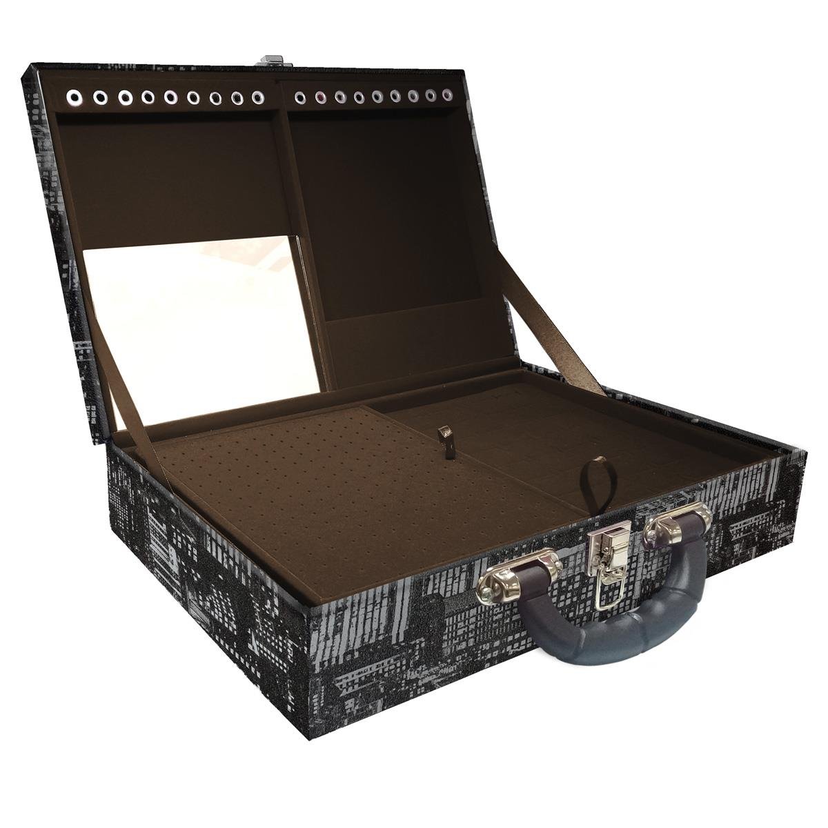 Estojo Maleta Porta Jóias Duplo Grande Dark City Com Alça Preta e Espelho