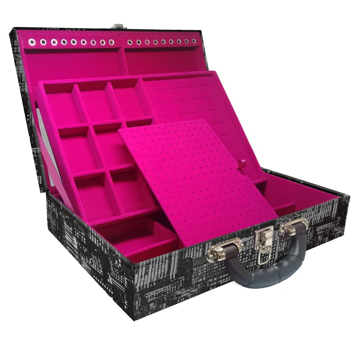 Estojo Maleta Porta Jóias Duplo Grande Dark City Com Alça Preta e Espelho