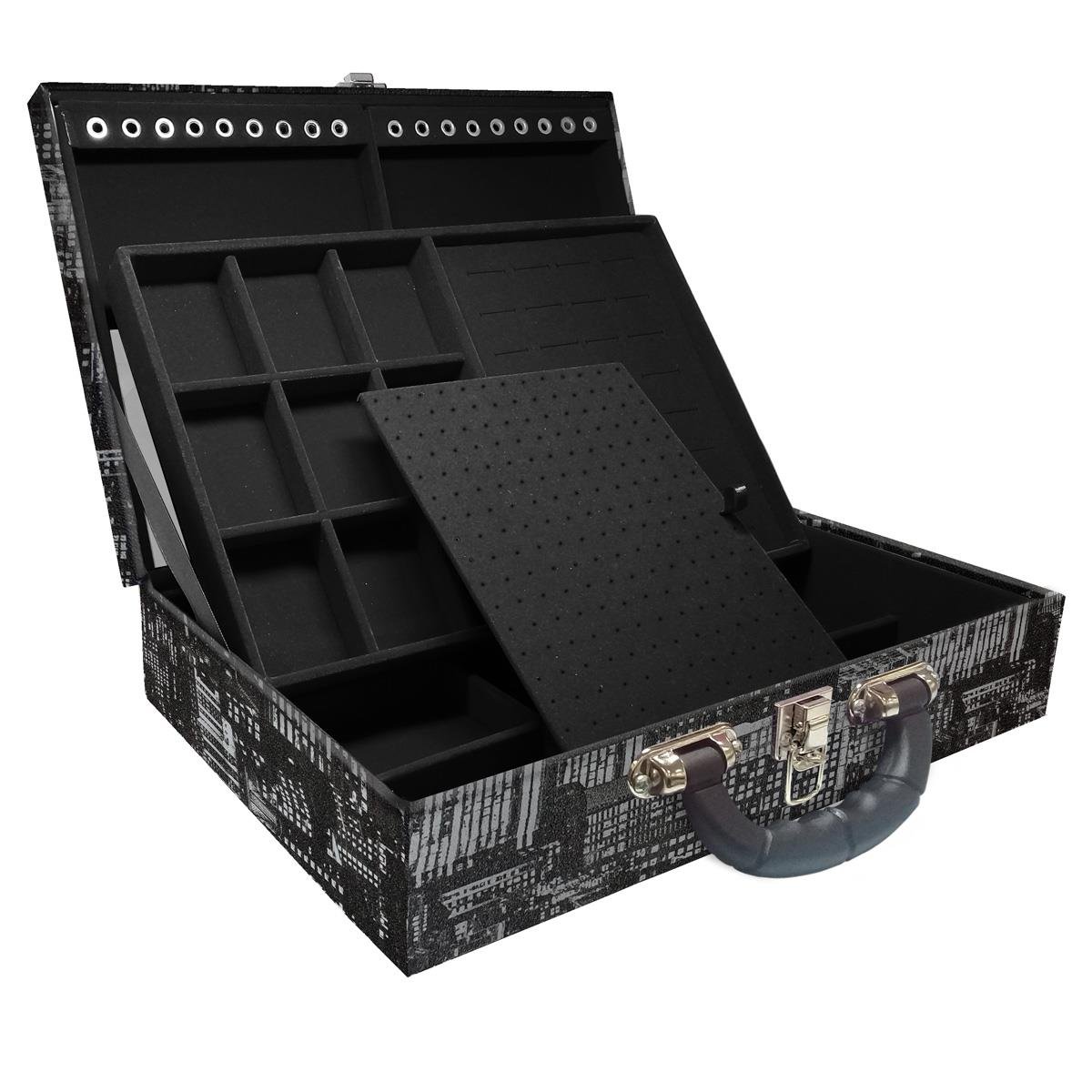 Estojo Maleta Porta Jóias Duplo Grande Dark City Com Alça Preta e Espelho