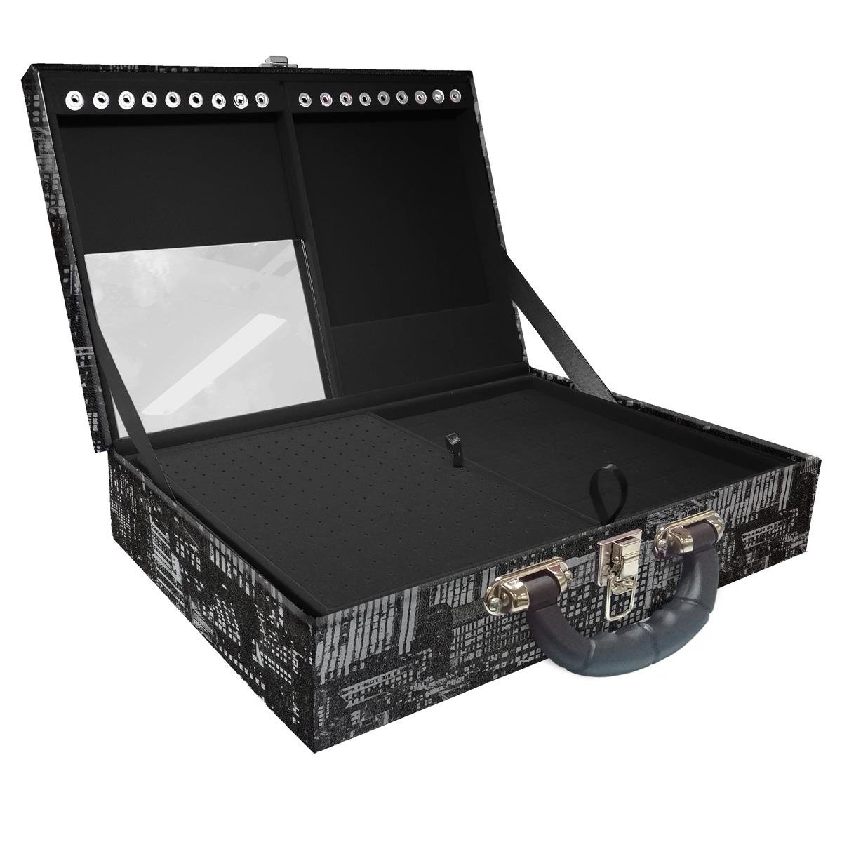 Estojo Maleta Porta Jóias Duplo Grande Dark City Com Alça Preta e Espelho