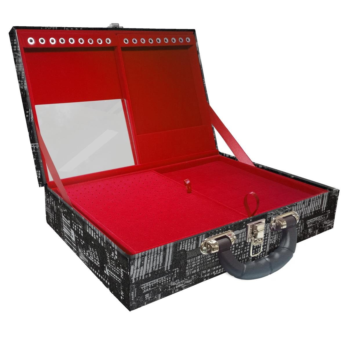 Estojo Maleta Porta Jóias Duplo Grande Dark City Com Alça Preta e Espelho