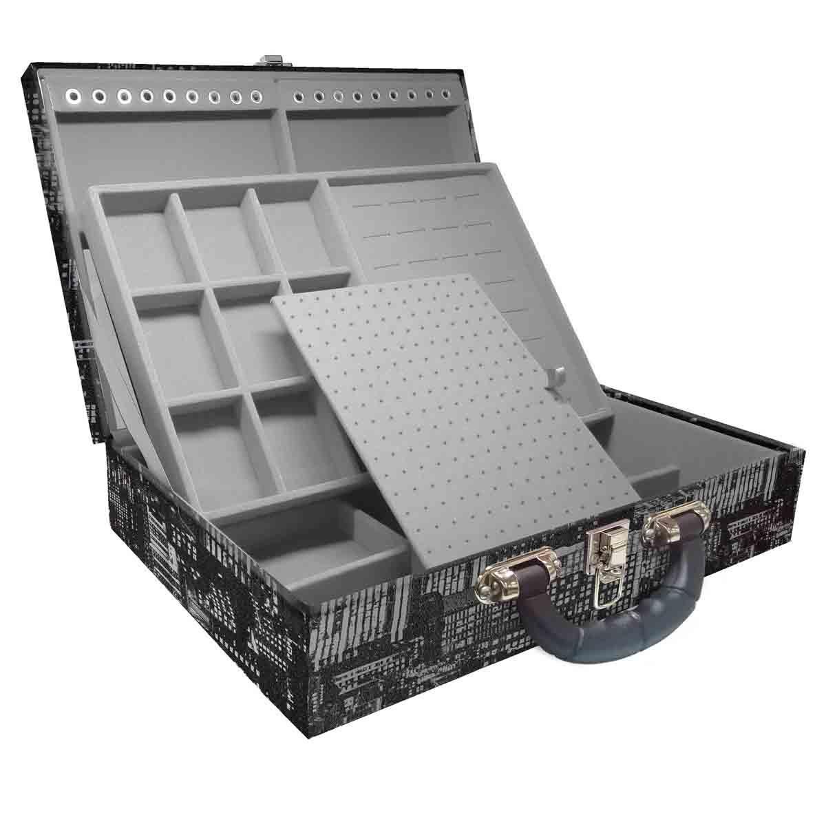 Estojo Maleta Porta Jóias Duplo Grande Dark City Com Alça Preta e Espelho