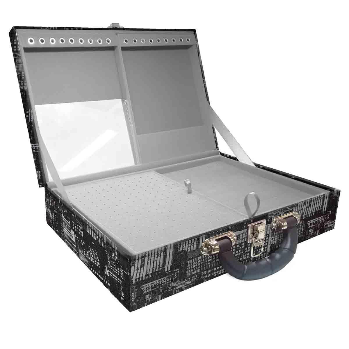 Estojo Maleta Porta Jóias Duplo Grande Dark City Com Alça Preta e Espelho