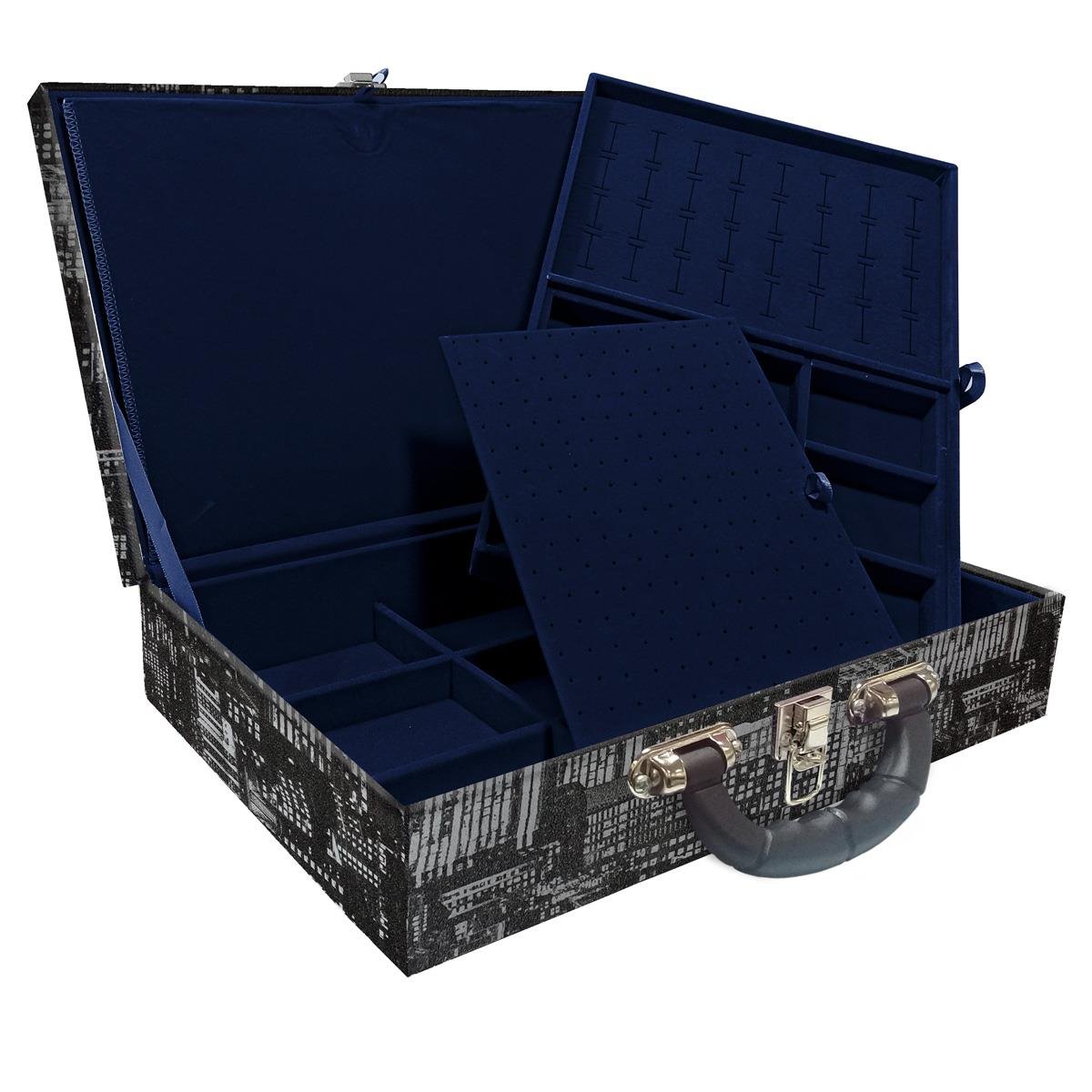 Estojo Maleta Porta Jóias Duplo Grande Dark City Com Alça Preta e Imã